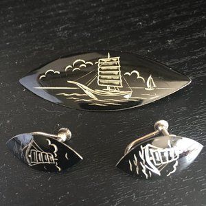 VINTAGE STERLING SILVER SIAM BROOCH AND EARRINGS